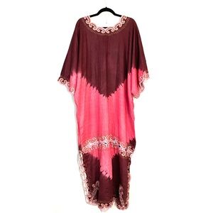 Pink and Brown Tie Dyed Embroidered Jaquard Caftan Maxi Dress Free Size